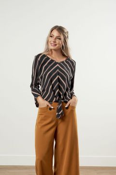 Flared Sleeve Waist Tie Stripe Top